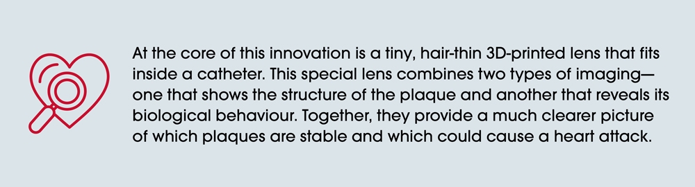Text describing a tiny, hair-thin 3D-printed lens that fits inside a catheter. The lens combines two imaging types—one showing plaque structure and the other its biological behaviour—to better identify which plaques are stable and which could lead to a heart attack.
