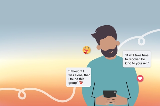 A man on typing messages in the Heart Foundation MyHeart MyLife online support program