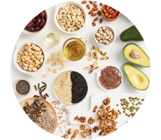 Different types of fats and oils, including nuts, oils and avocados