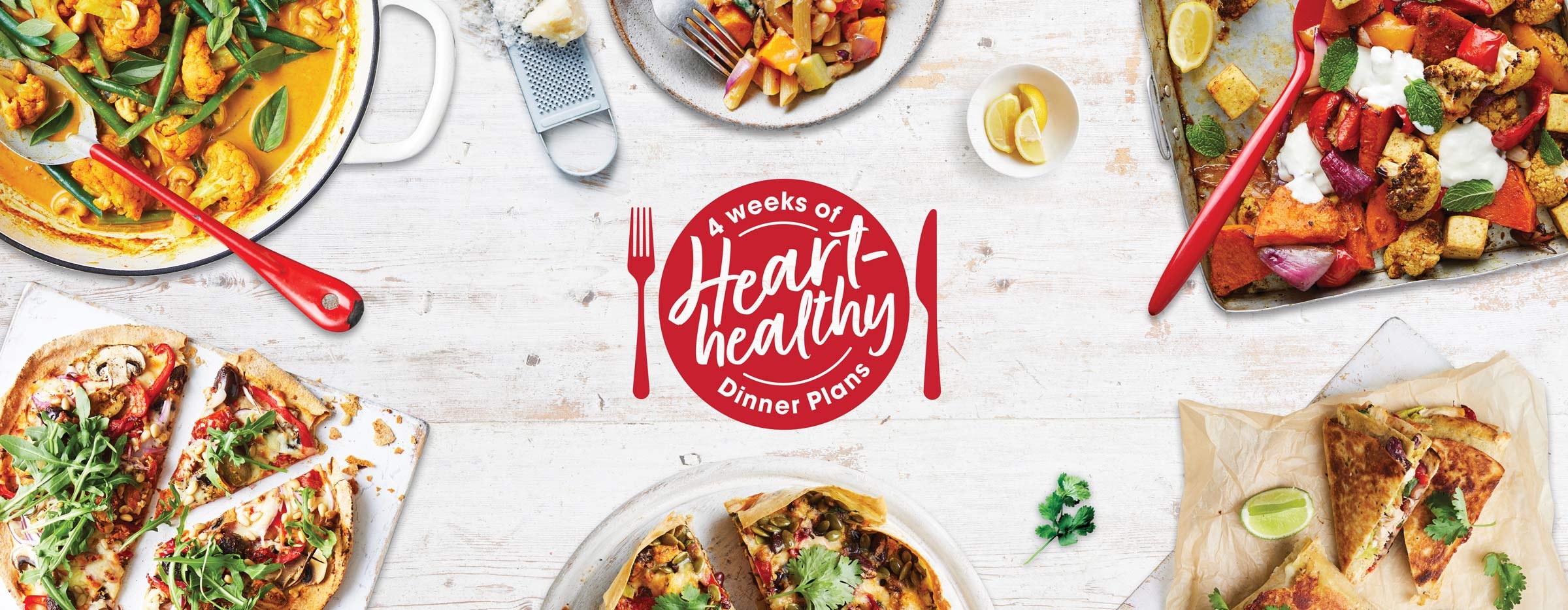 4 weeks of Heart-healthy Dinner Plans surrounded by the meals prepared on plates
