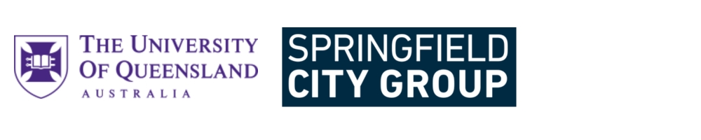 Two logos side by side. On the left, the logo of The University of Queensland Australia featuring a purple shield with a cross and a book. On the right, the logo of Springfield City Group in white text on a dark blue background.