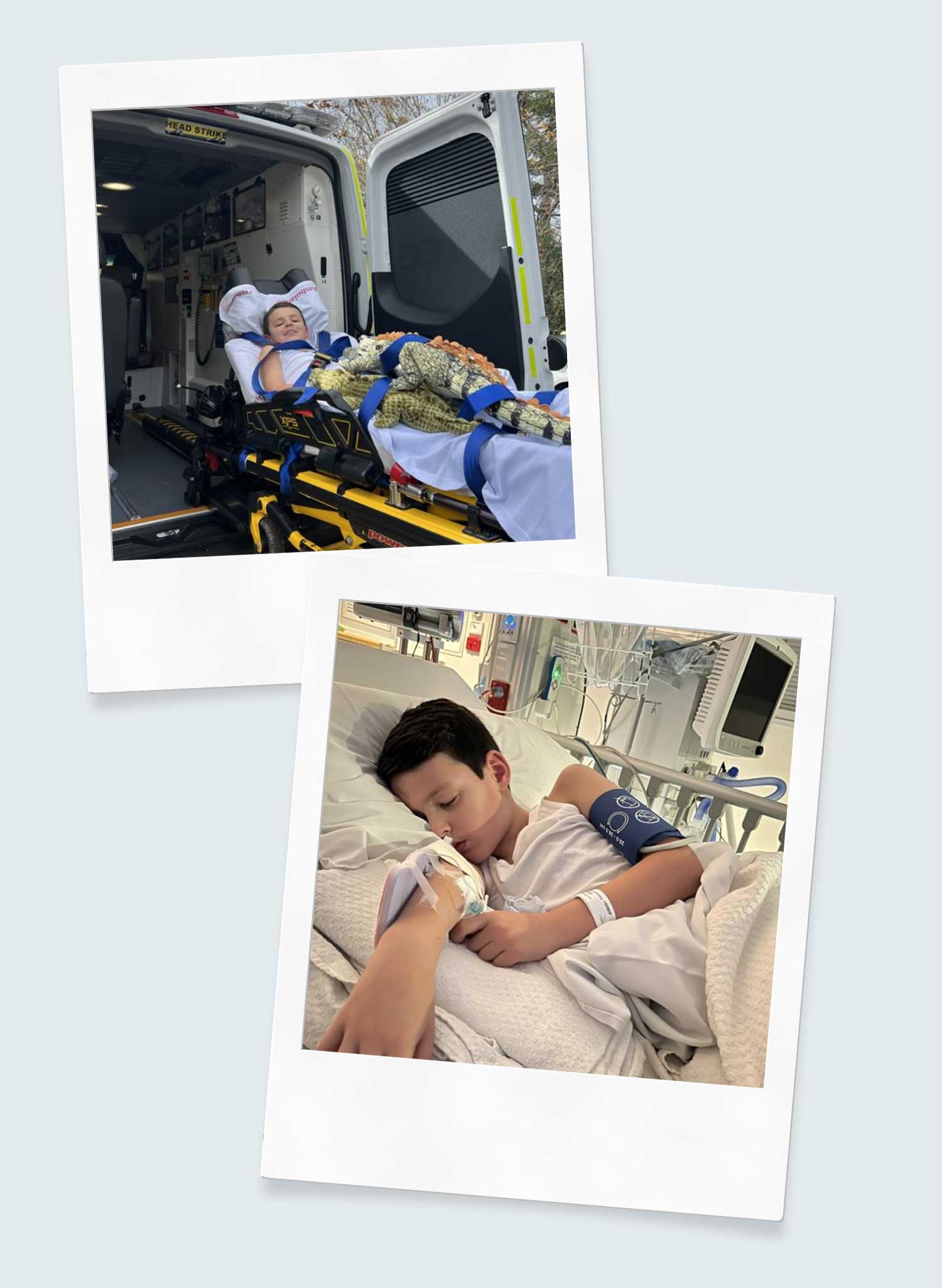 3 polaroids of George, diagnosed with Brugada Syndrome at 8 years old